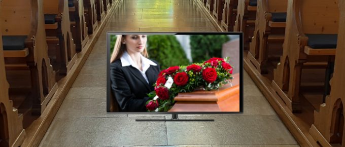 image of a funeral video playing in a church