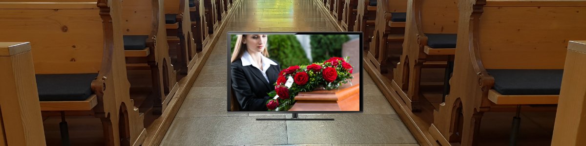 image of a funeral video playing in a church